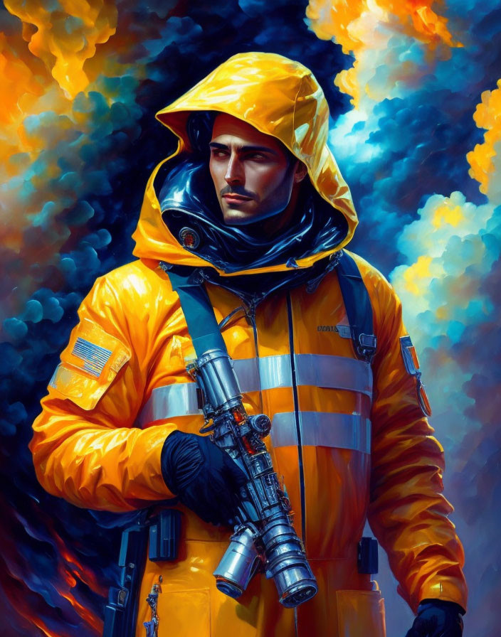 Yellow-suited Firefighter with Nozzle Against Blue and Orange Flames