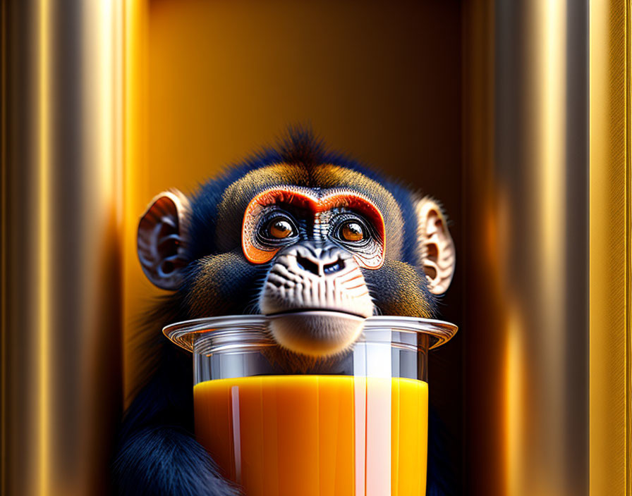 Colorful digital artwork: Monkey with orange and black features holding orange juice, peering through golden curtains