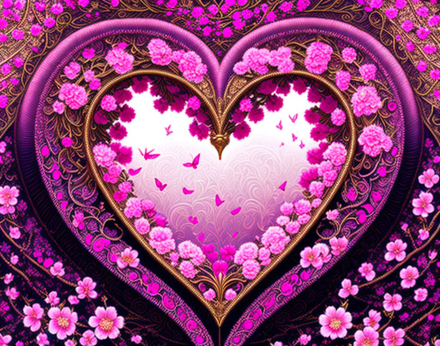 Colorful Heart-Shaped Frame Surrounded by Flowers and Butterflies