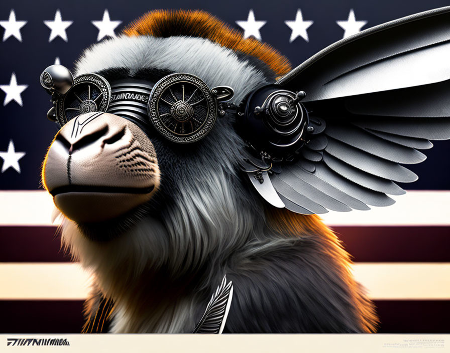 Steampunk-style monkey with aviator goggles and mechanical wings against American flag.