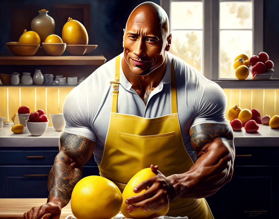 Muscular person in yellow apron holding lemons in sunny kitchen