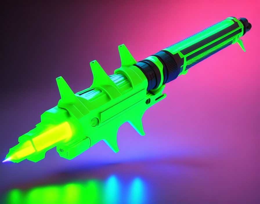 Detailed Neon Green Toy Blaster with Pink and Blue Backlight Reflection