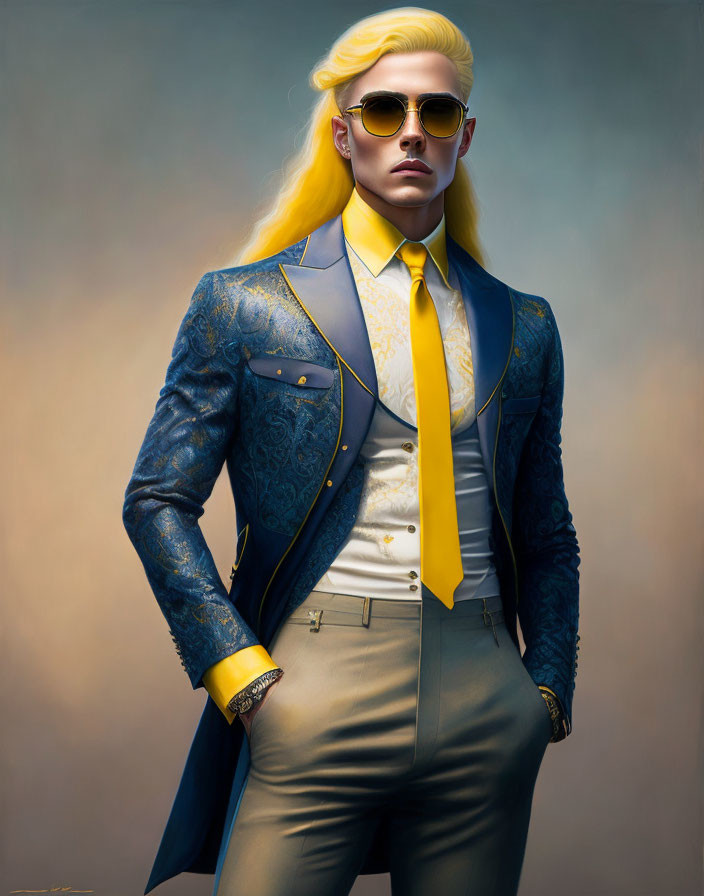 Fashionable individual in blue suit, yellow tie, and sunglasses with bleached blonde hair on neutral backdrop