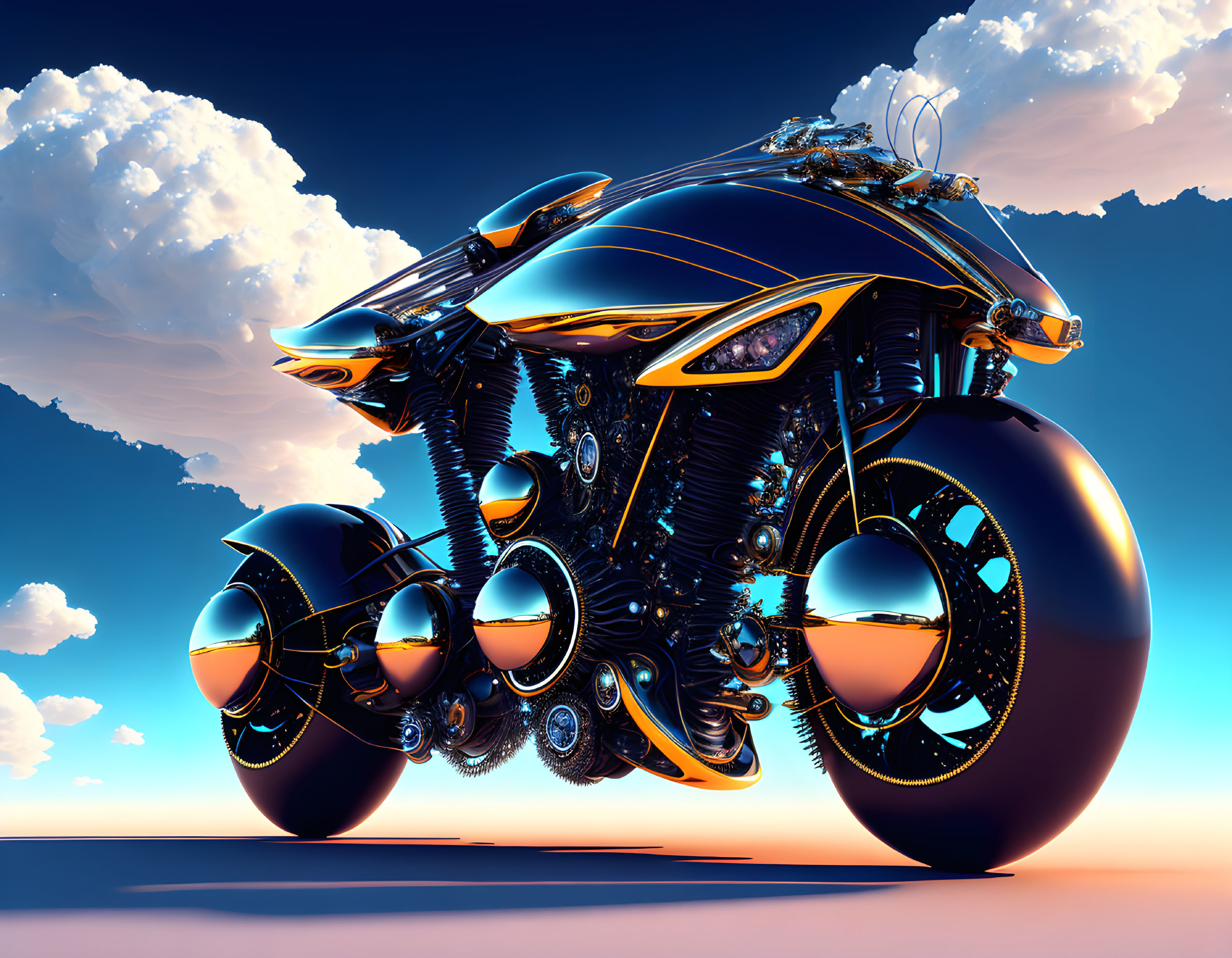 Sleek Blue and Gold Futuristic Motorcycle with Oversized Tires