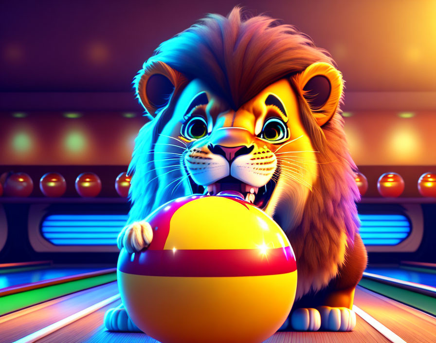 Colorful Lion Bowling Scene with Neon Lights