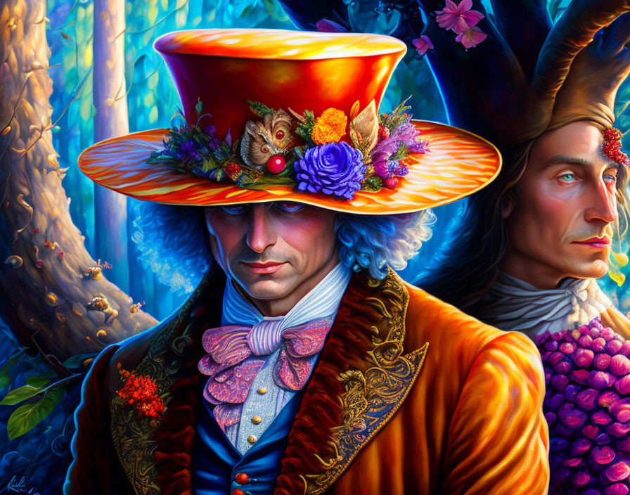 Colorful digital painting: Two whimsical characters with unique hats and horns