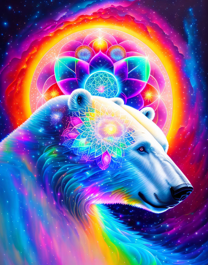 Colorful Psychedelic Polar Bear Illustration with Geometric Patterns