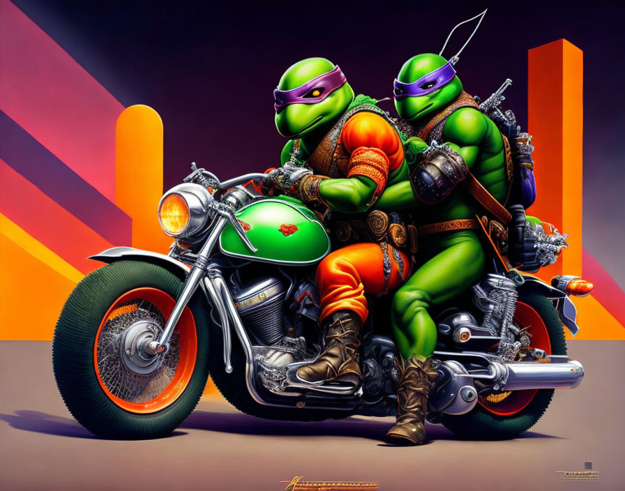 Animated turtles in ninja gear ride motorcycle with abstract background