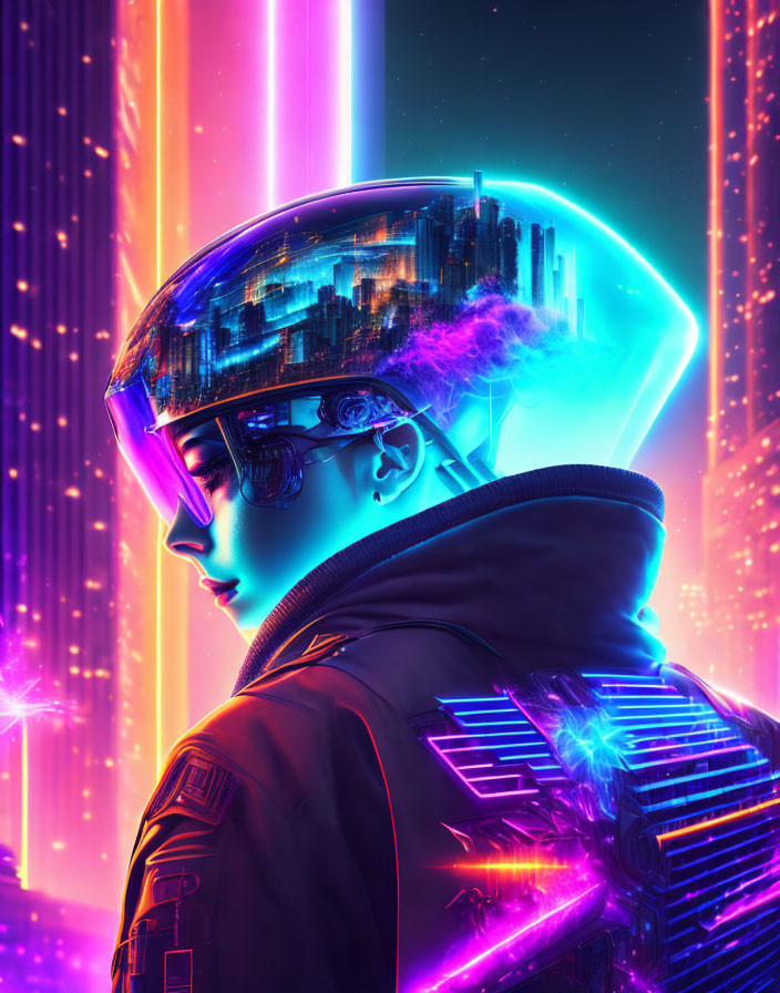 Futuristic cyberpunk portrait with neon cityscape helmet in pink and blue.