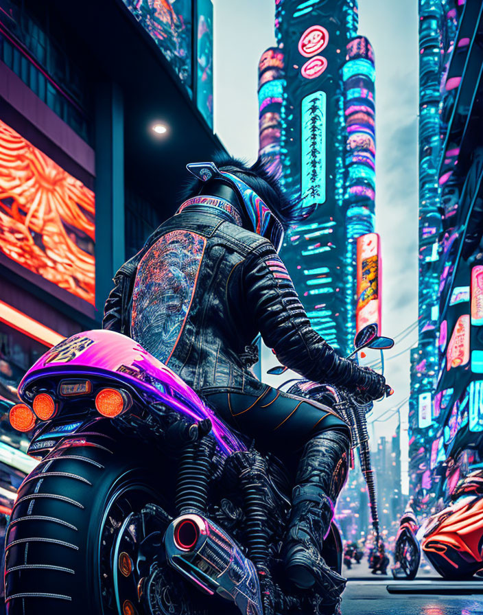 Futuristic Cyberpunk Scene with Person on Motorcycle