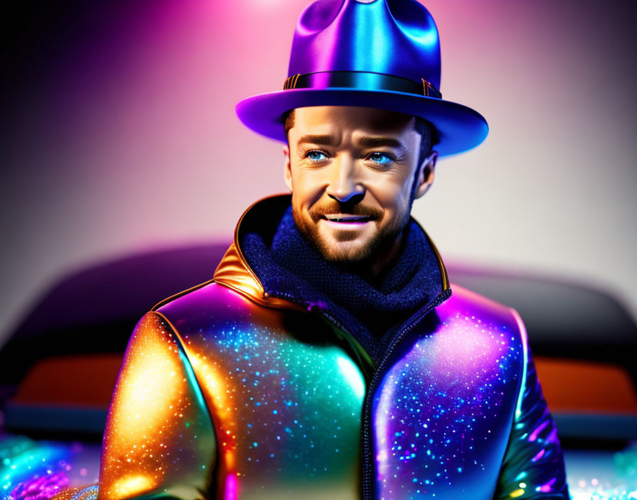 Smiling man in multicolored jacket and glowing purple hat on vibrant backdrop