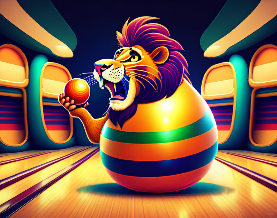 Cartoon lion with mane on striped ball in bowling alley with bowling ball