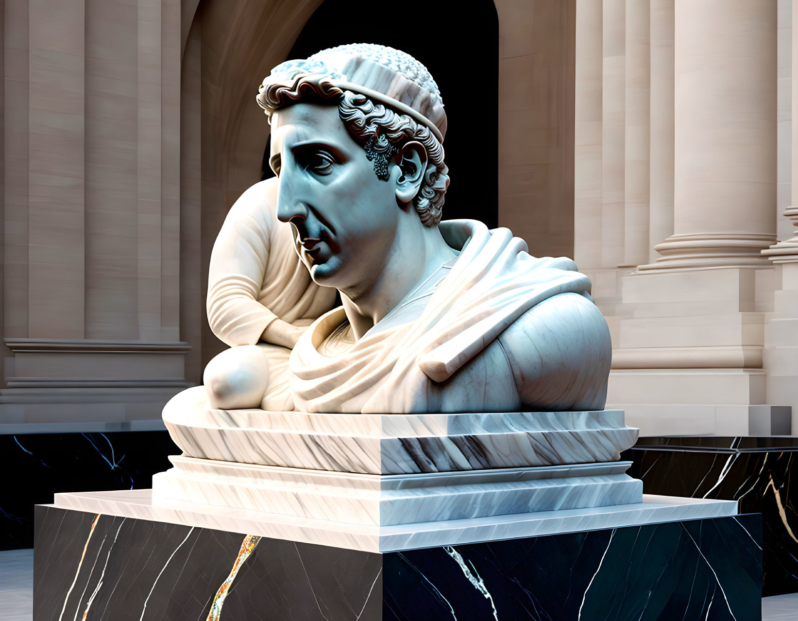 Classical marble statue of male figure with curly hair and draped clothing