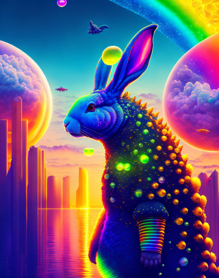 Colorful surreal illustration: Blue rabbit with spiny body, planets, auroras, water.