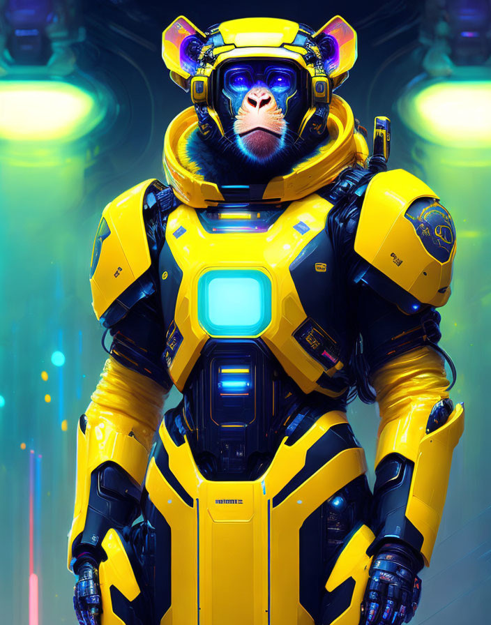 Futuristic monkey in yellow spacesuit with hi-tech helmet on neon-lit background