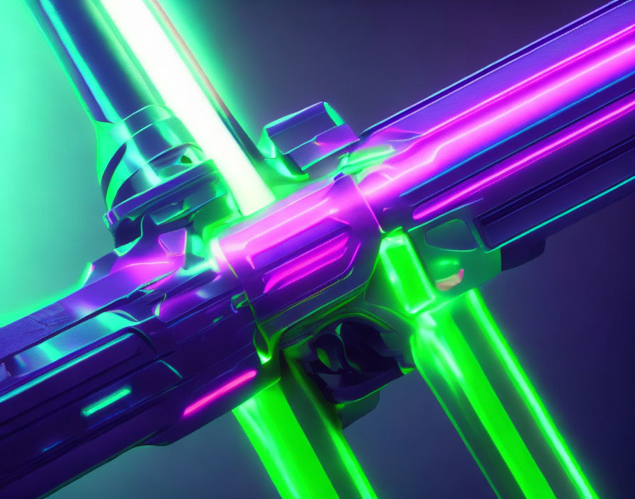 Futuristic neon gun with purple and green lights on dark background