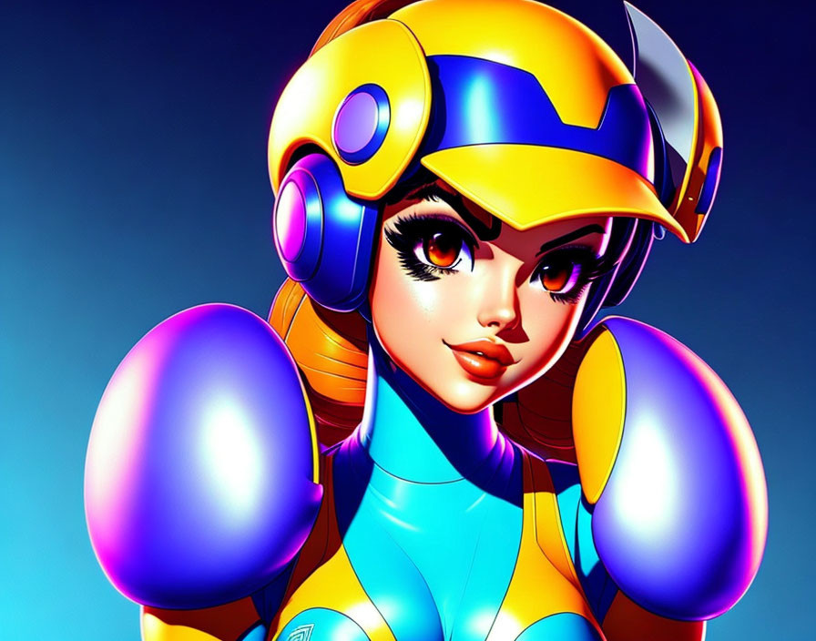 Colorful female character with blue eyes in yellow and blue helmet on blue background