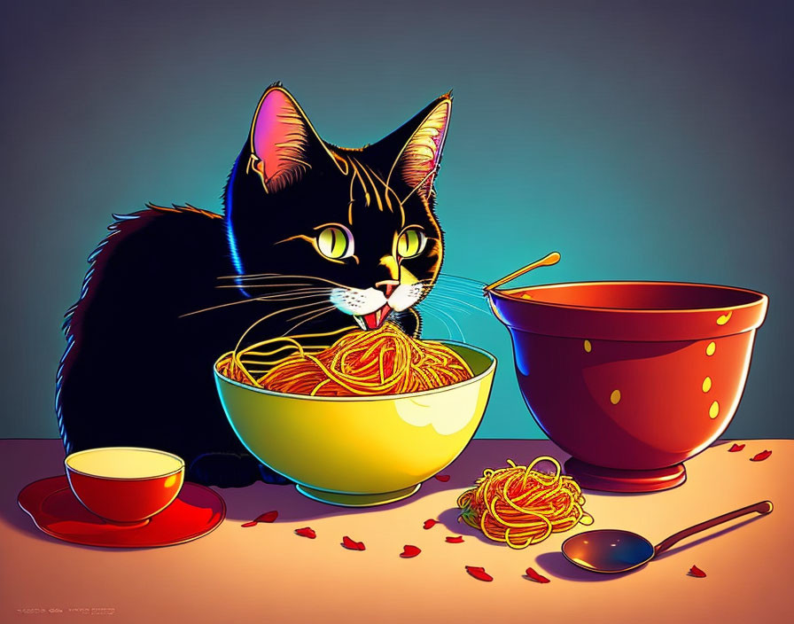 Vibrant illustration: Cat eating spaghetti at table with spilled noodles