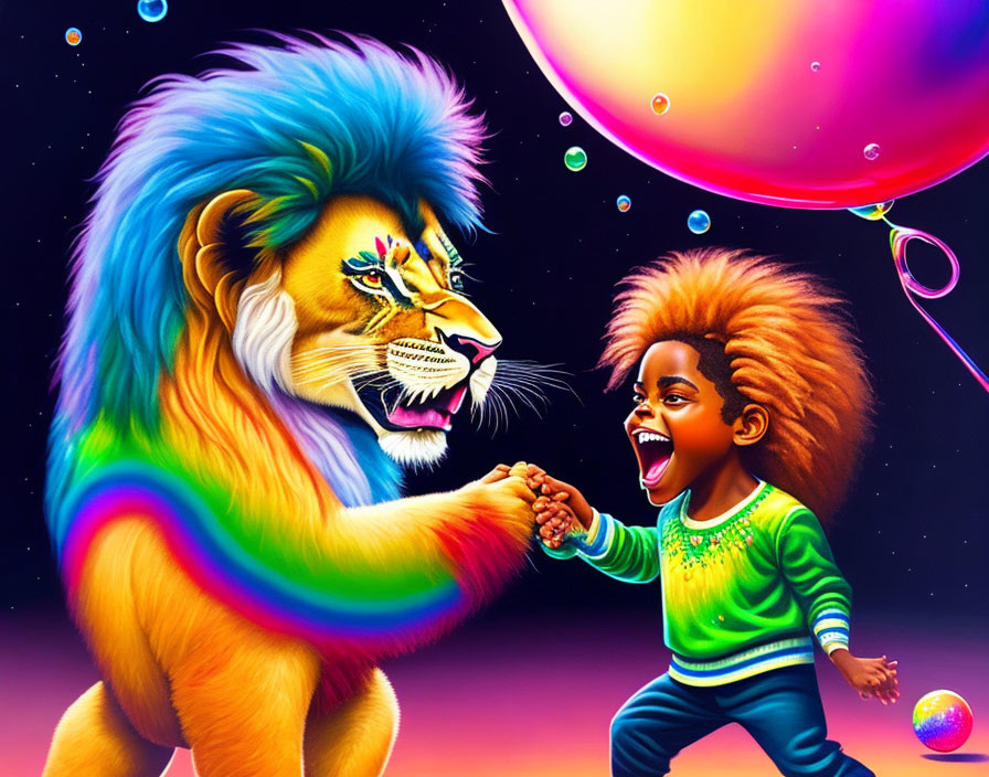 Colorful Child and Lion Holding Hands Under Night Sky