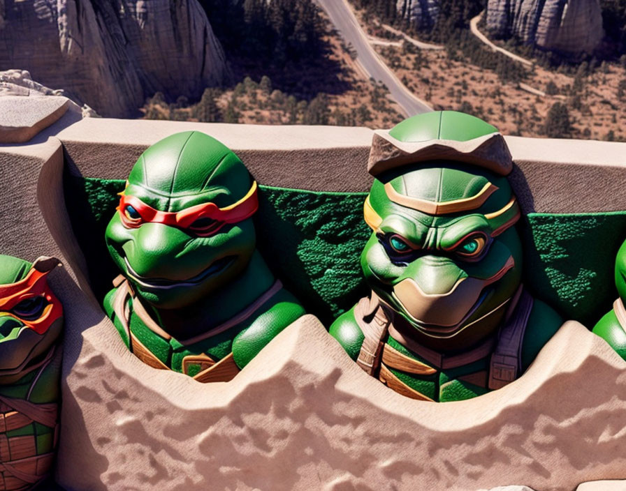 Two Teenage Mutant Ninja Turtles overlooking rocky canyon edge.