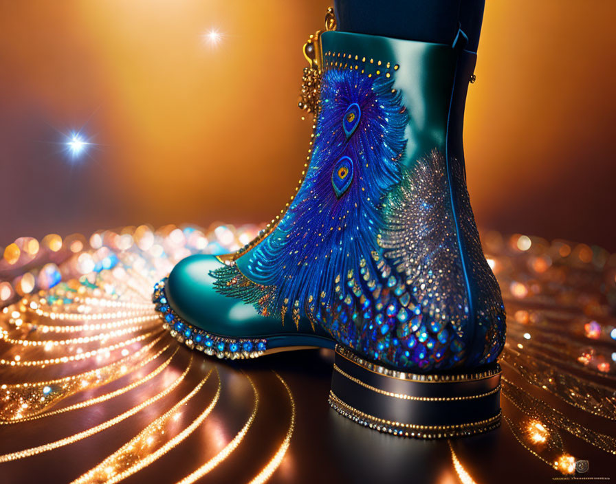 Green Boots with Peacock Feather Design and Rhinestones on Glittery Surface