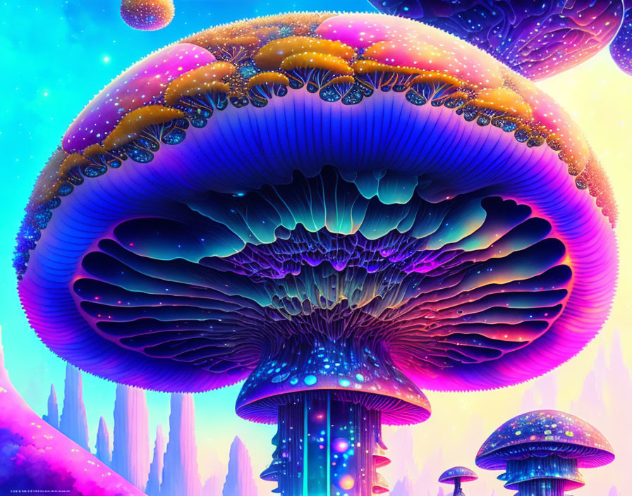 Fantastical vividly colored mushrooms in surreal dreamlike landscape