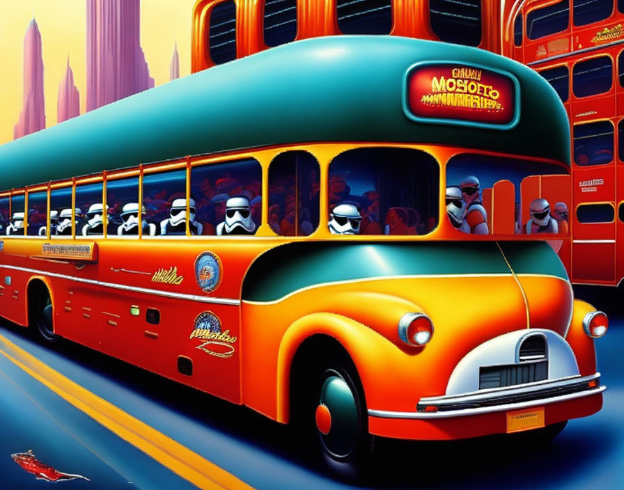 Vibrant retro-futuristic cityscape with Stormtroopers boarding colorful buses