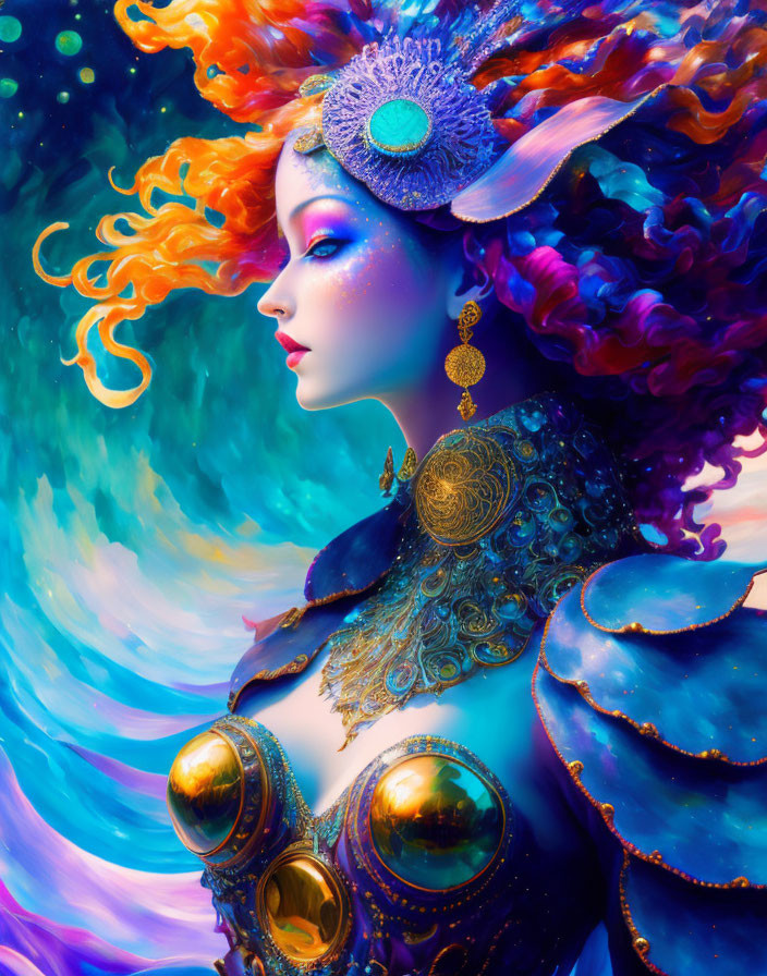 Colorful digital artwork of woman in ornate armor against blue backdrop