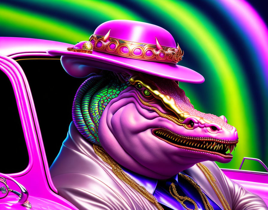 Colorful anthropomorphic alligator with pink hat and sunglasses in psychedelic car scene.