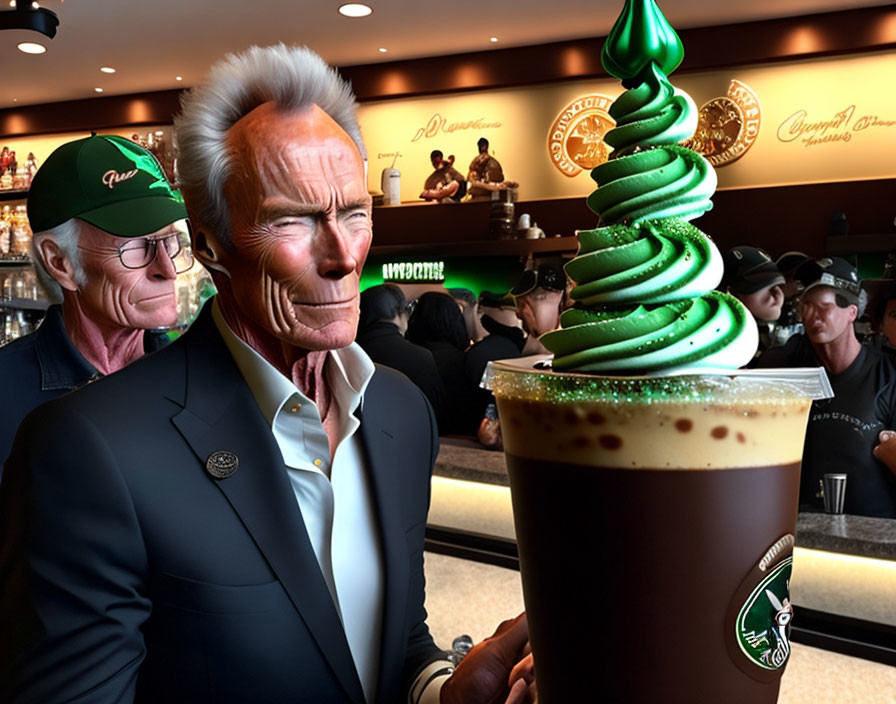 Digitally altered image of caricatured man as Starbucks barista serving oversized coffee