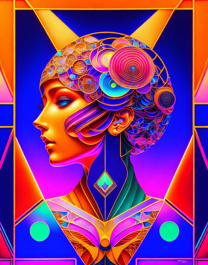 Colorful psychedelic female portrait with intricate geometric patterns.