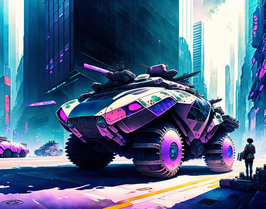 Neon-lit futuristic cityscape with armored vehicle and cars