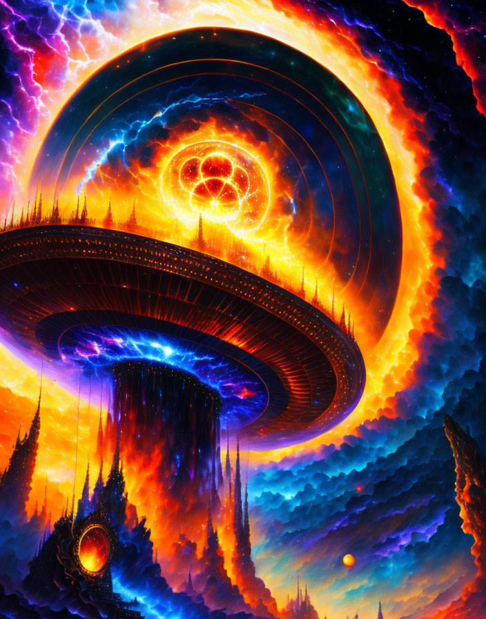 Surreal artwork of massive ring structure in fiery landscape