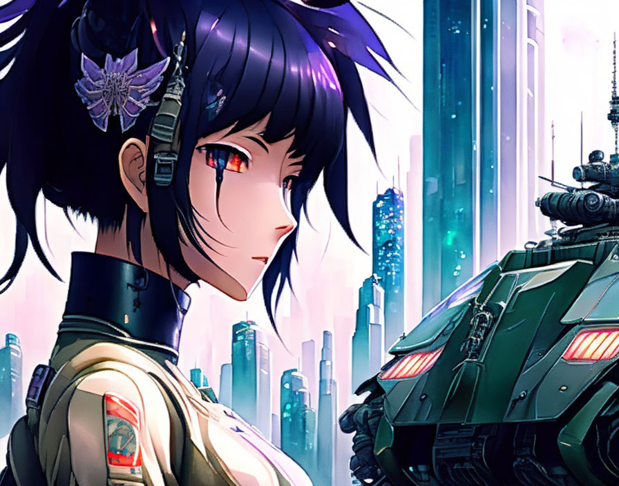 Anime-style female character with purple hair and red eyes in futuristic military attire beside a mechanical tank in a