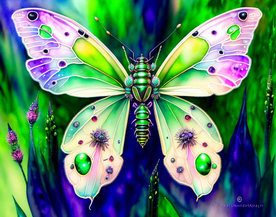 Colorful digital butterfly with intricate wings on lush botanical background