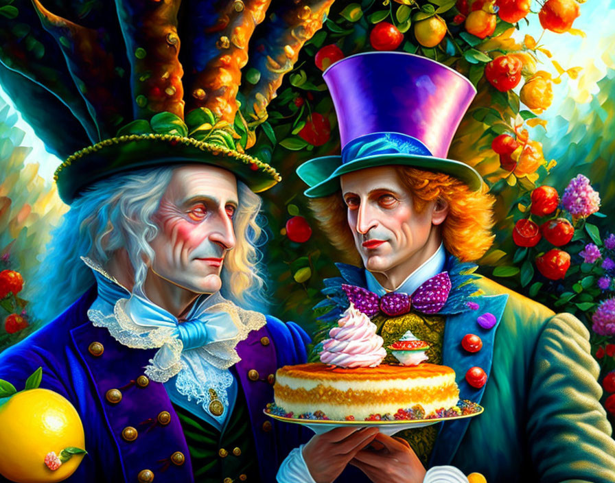 Whimsical characters enjoying cake in lush forest scene