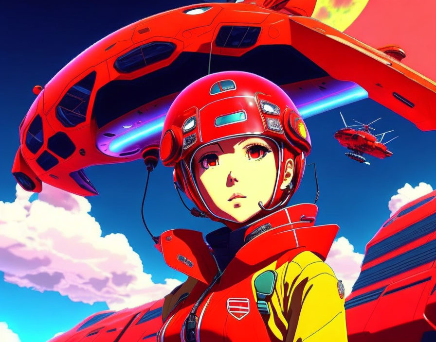 Colorful Anime Character in Red Helmet and Yellow Suit with Futuristic Vehicles