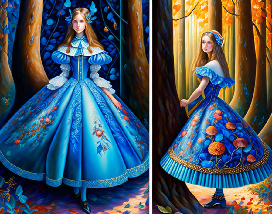 Young Woman in Elaborate Blue Gown Surrounded by Fantastical Forest