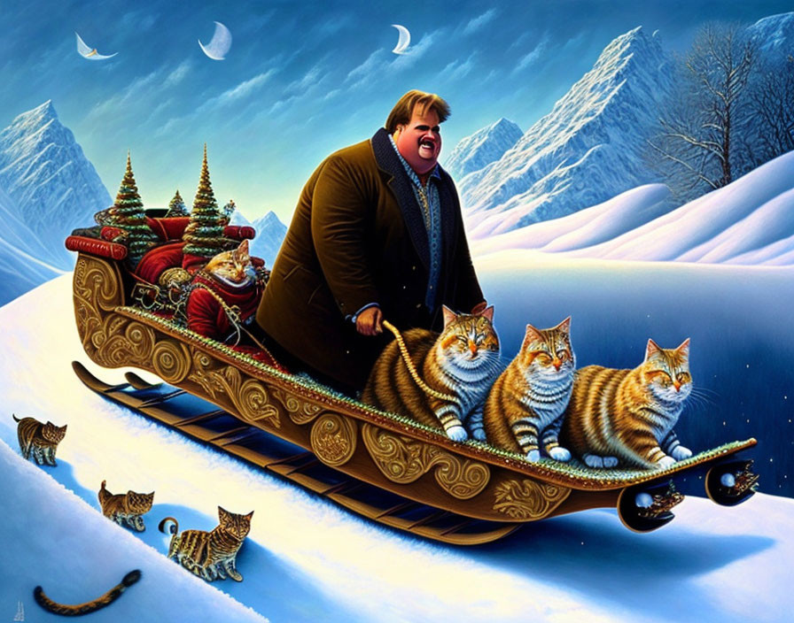 Joyful person sleigh riding with cats in snowy landscape under crescent moons