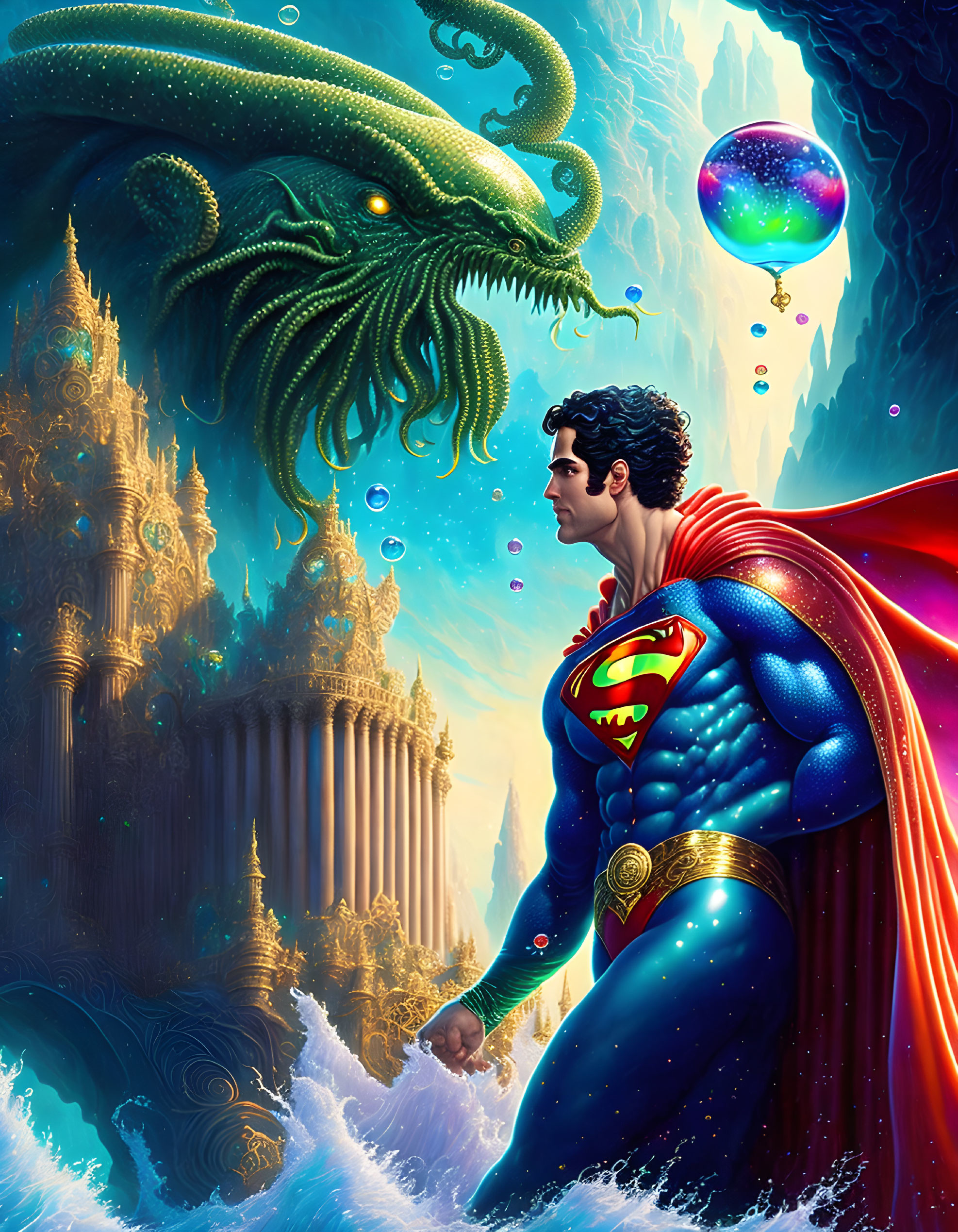 Superman in front of aquatic palace with colossal tentacled creature