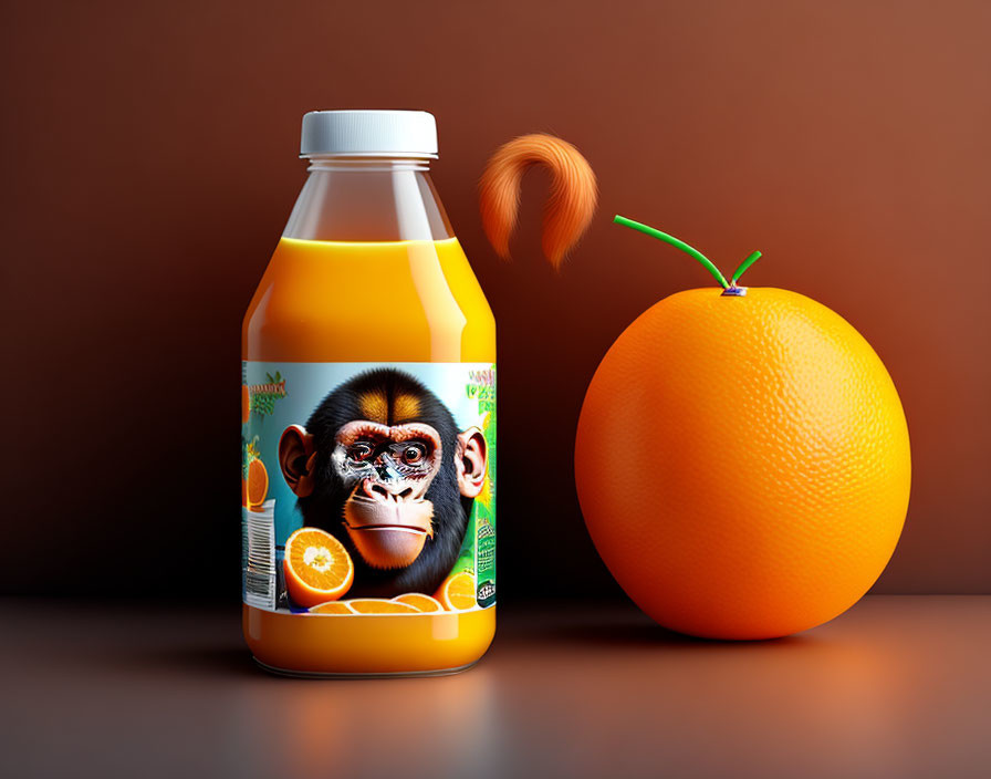 Orange Juice Bottle Label Featuring Chimpanzee and Orange