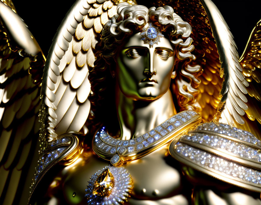 Golden angelic figure with intricate wings and serene expression.