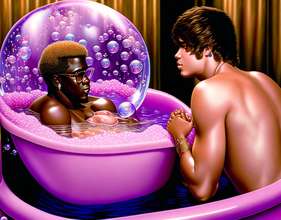 Stylized animated characters in pink bathtub with surreal atmosphere