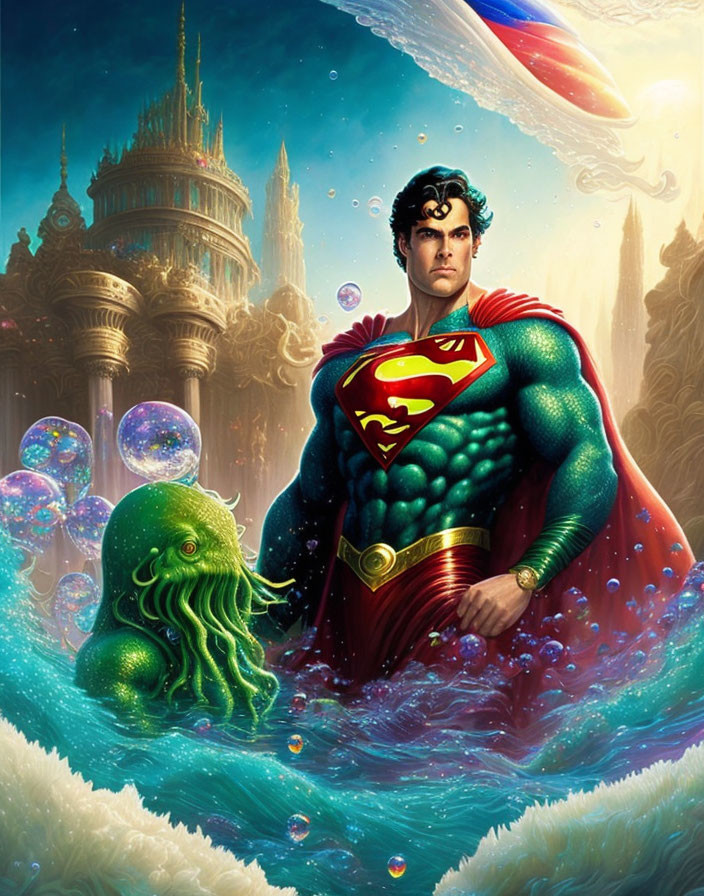 Superman underwater with Cthulhu-like creature, bubbles, alien castle