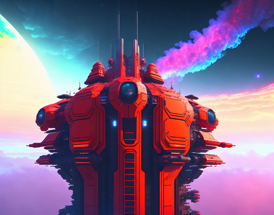 Futuristic red structure in vibrant sci-fi setting