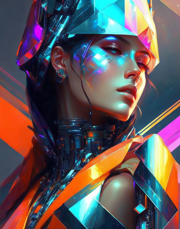 Futuristic woman portrait in reflective armor with neon colors