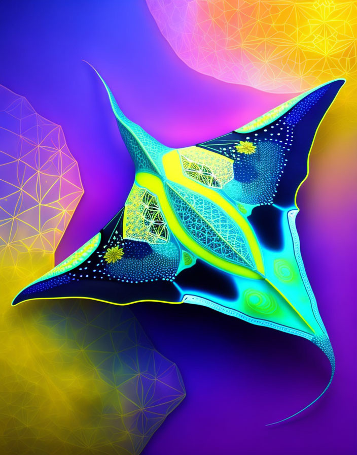 Colorful Stingray Artwork with Neon Patterns on Cosmic Background