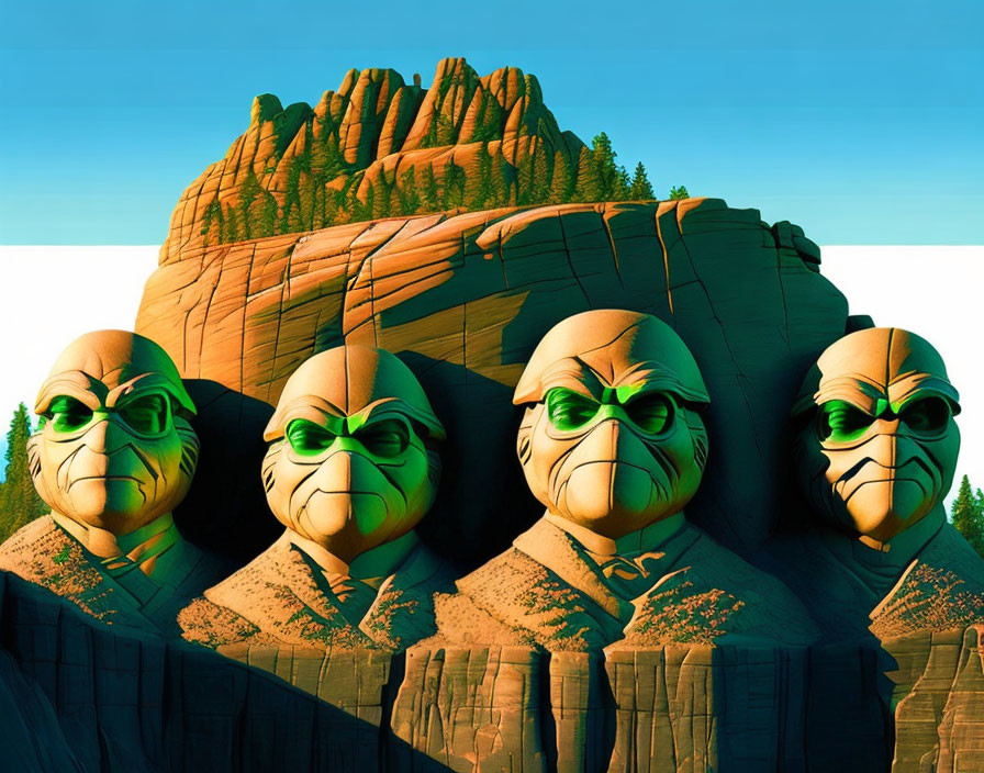 Stylized Mount Rushmore with green sunglasses on forested cliff