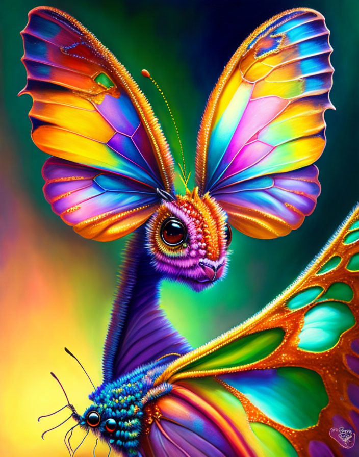 Colorful digital artwork of whimsical butterfly with intricate eye pattern on wings