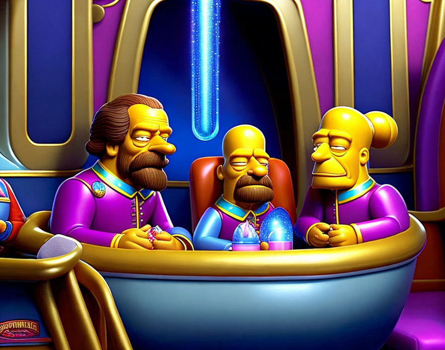 Animated characters resembling famous philosophers in colorful outfits sitting together in futuristic setting.